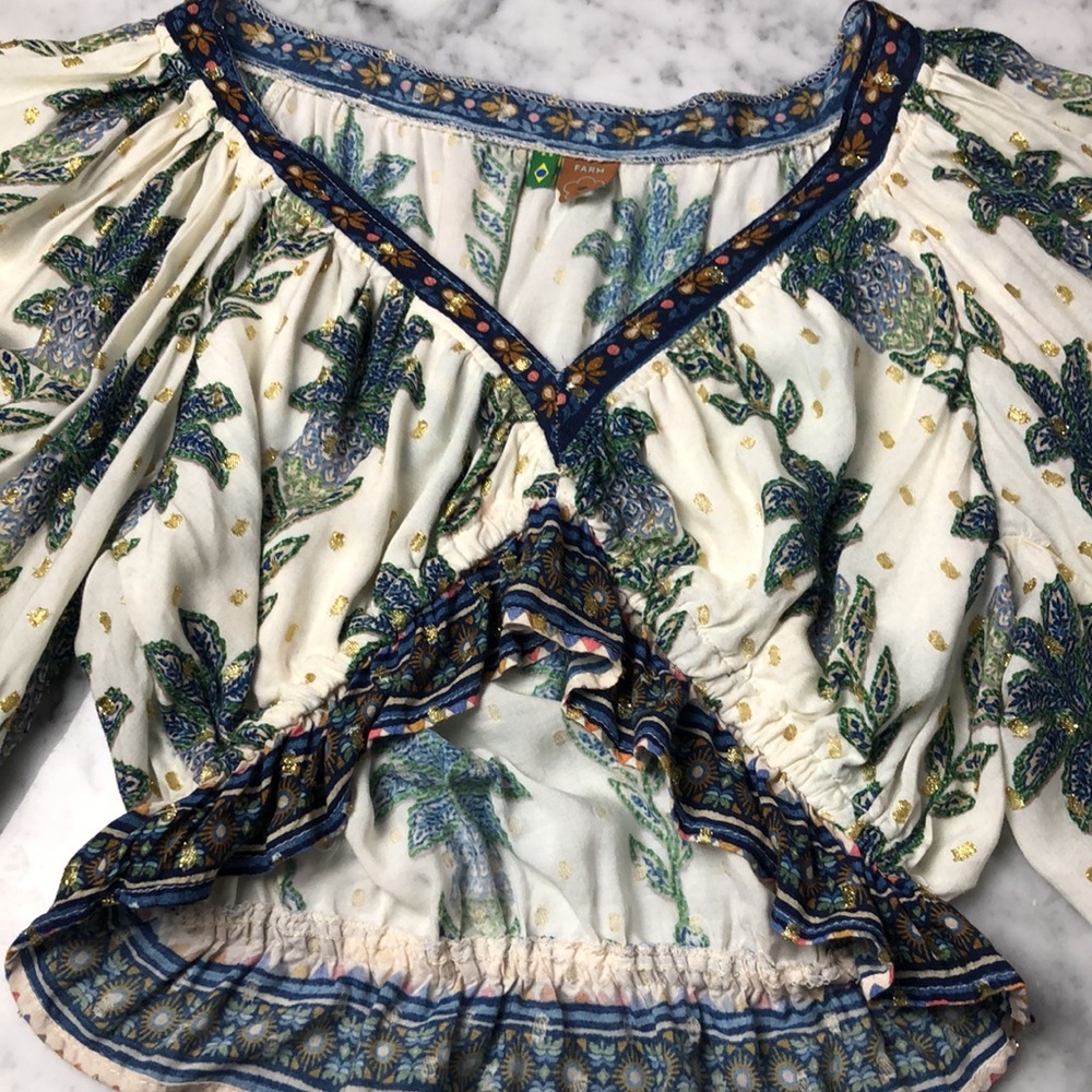 FARM Rio Floral V-Neck Crop Top - White and Blue Size PP - Picture 3 of 10